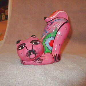 TALAVERA Mexican Folk Art CAT Sculpture PAINTED SCENE Floral BIRD Pottery DECOR